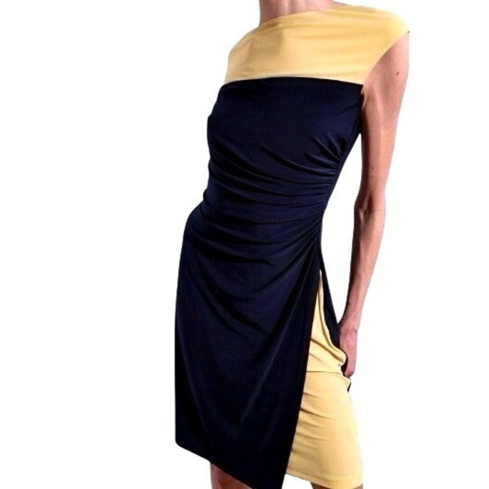 LAUREN RALPH LAUREN Womens 8 Navy Yellow Colorblock Ruched Sheath Cocktail Dress